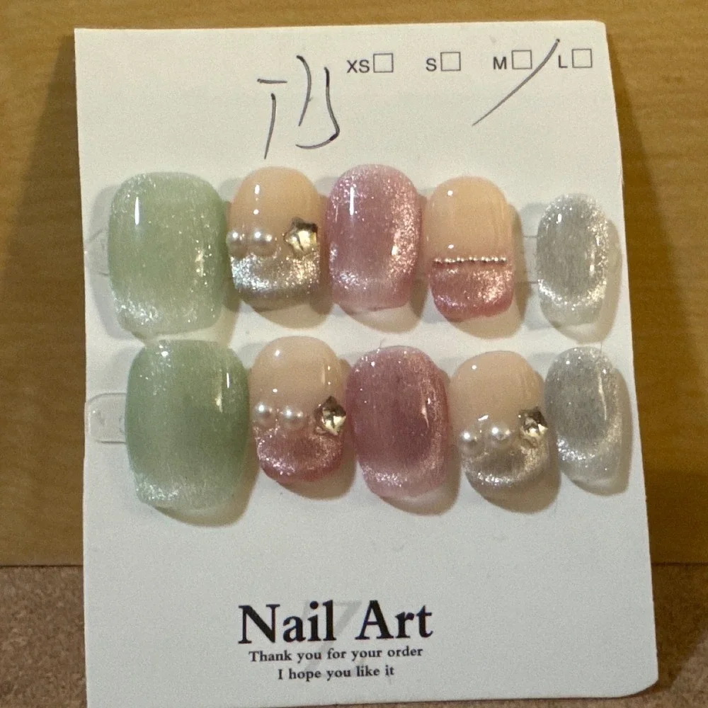 Press On Nails Set Medium Large Pastel Pink Green Pearl Rhinestone 10pc‎